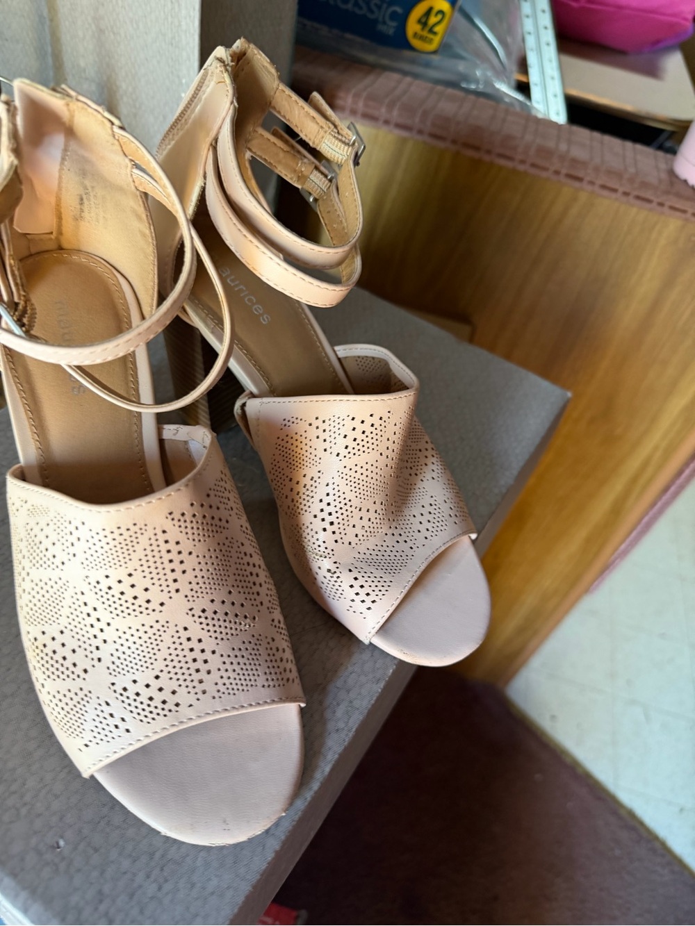 Maurices Perforated Peep-Toe Ankle-Strap Heels in Blush
